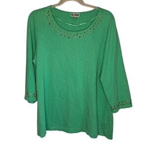2X JM Collection 100% Cotton Slub Green Grommet Trim Stretch Knit Top Tunic